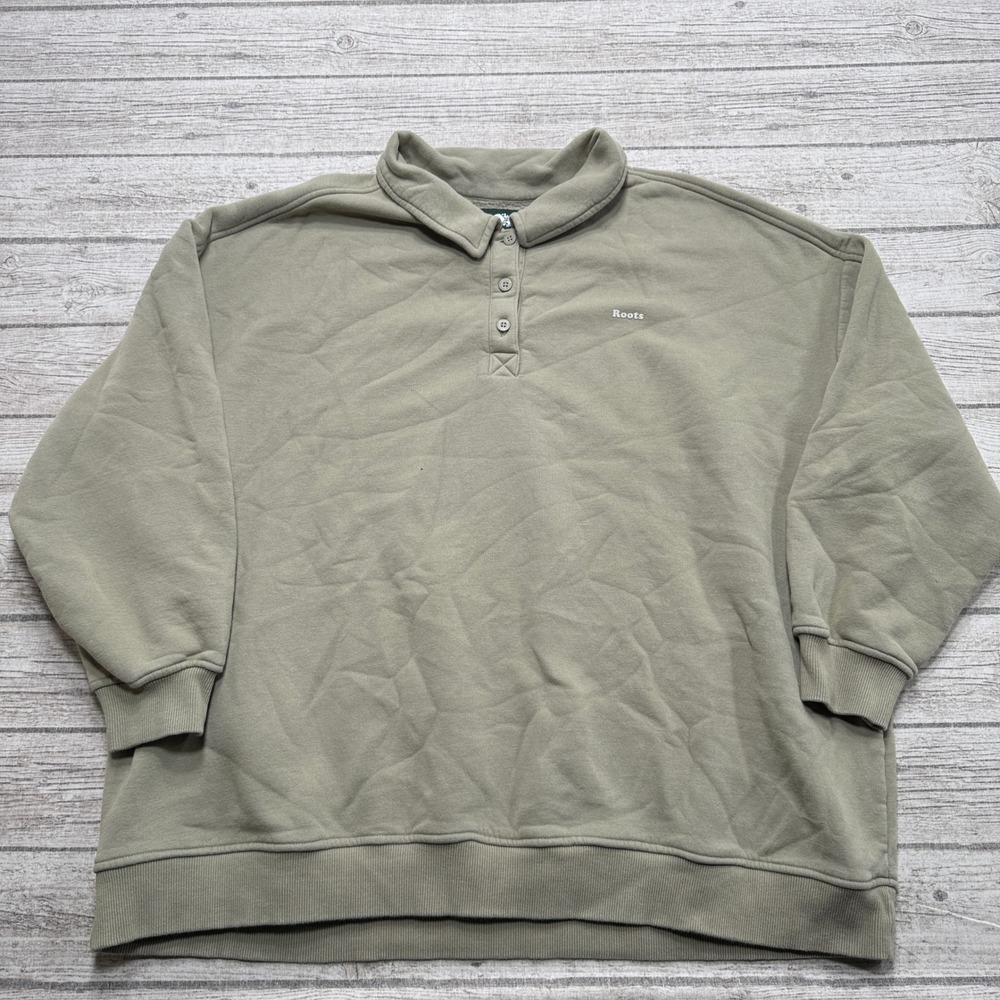 Roots Polo Sweatshirt Women's 3X Olive Green Oversized Fleece Lined Loungewear